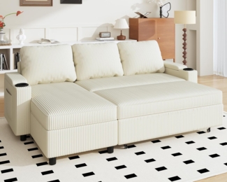 JUMMICO Schlafsofa mit Bettkasten L Form Sofa mit Schlaffunktion 3 Sitzer Couch klein Ecksofa Schlafcouch Ausziehbar Wohnlandschaft für Wohnung und Wohnzimmer Corduroy Beige
