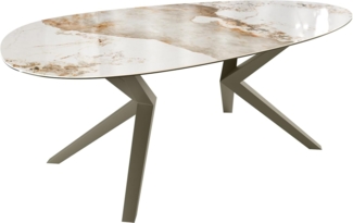 Esstisch Edge Oval 220x120 Keramik Minas Melange Weiß-Beige Zenthara kantig Metall Effektfinish Titan