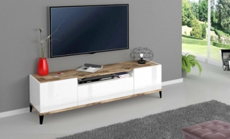 Dmora - TV-Schrank Ivan, niedriges Wohnzimmer-Sideboard mit 2 Türen, Fernsehständer-Basis, 100 % Made in Italy, 160 x 40 x 47 cm, glänzendes Weiß und Ahorn,