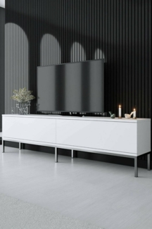 Dmora - Fernsehschrank Regulus, Ständer für Wohnzimmerfernseher, Niedriges Wohnzimmer-Sideboard, TV-Ständerbasis, 180x30h47 cm, Weiß und Silber