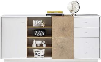 Robas Lund Sideboard weiß matt, Wohnzimmerschrank mit Absetzung Eiche Hirnholzoptik, BxHxT 179 x 83 x 40 cm