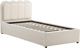 Vente-unique - Bett 90 x 190 cm mit 2 Schubladen - Mit LEDs - Bouclé-Stoff - Creme - NESTIAKO