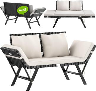 Casaria® Gartenbank mit Liegefunktion / Auflage / Kissen, Polyrattan schwarz, 176 x 56 x 81 cm