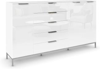 Rauch Möbel Flipp, Kommode mit Stauraum für Wohnzimmer, Schlafzimmer, Flur, 4 Fachböden, mit Metallkufe chrom, Alpinweiß/Glasfront Weiß, 3-türig, Glastüren, 5 Schubkästen, Griffe chrom, 199 x 111 x 42 cm