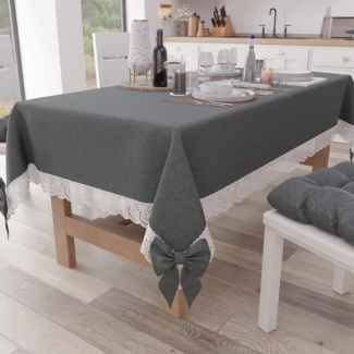 Petti Artigiani Italiani - Tischdecke, Tischdecke, Küchentischdecke, rechteckige Tischdecke mit Sangalla-Spitze und Schleifen, Tischdecke einfarbig aus Baumwolle, 12-Sitzer (140x240 cm) Dunkelgrau