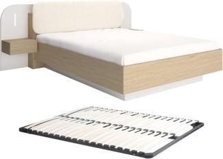 Vente-unique - Bett mit Nachttischen 160 x 200 cm - Mit LEDs - Beige und Naturholz + Lattenrost - LYORIMA