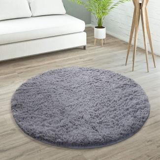 Paco Home Hochflor Teppich Wohnzimmer rutschfest Fellteppich Shaggy Flauschig Weich Modern Kunstfell Fell Imitat Einfarbig, Grösse:120 cm Rund, Farbe:Grau