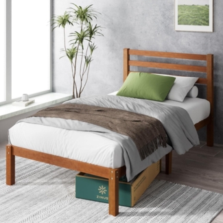 Zinus Leah Bett 90x200 cm - Höhe 35 cm mit Unterbettaufbewahrung - Bambus und Holz Plattform Bettrahmen mit Kopfteil - Braun