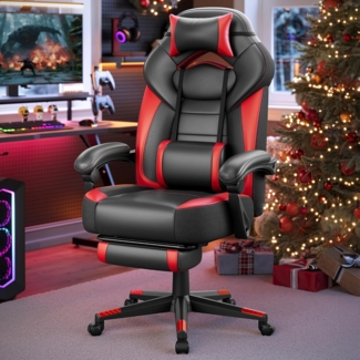 Songmics Gamingstuhl mit Fußstütze, ergonomisches Design, verstellbare Kopfstütze, Lendenstütze, bis zu 150 kg belastbar, Schwarz-Rot