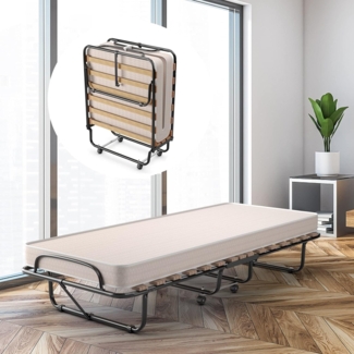 COSTWAY 80x190 cm Gästebett Klappbar, Faltbares Faltbett mit Matratze aus Rückstellschaum, Klappbett mit stabilem Stahlrahmen, bis 120kg belastbar, Metallbett auf Rädern, für Camping Gästezimmer