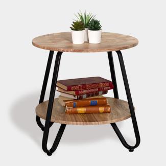 MEUBLE COSY Beistelltische Couchtisch Rund Nachttisch Wohnzimmertisch Sofatisch mit Ablageboden für Wohnzimmer Schlafzimmer, Industrie Design, Metallgestell, Eiche, Holz, 46x46x45cm