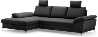 Cavadore Eckcouch Castiel mit Federkern / Ecksofa mit großem Longchair, Sitztiefenverstellung, Kopfstützen und mattschwarzen Metallfüßen / 301x89-114x176 / Echtleder, Schwarz