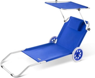 Casaria® Sonnenliege Klappbar mit Dach Strandliege mit Rollen Tasche Outdoor Klappliege Liegestuhl Abnehmbarer Sonnenschutz Liegestuhl 115kg Blau