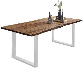 SAM Baumkantentisch 240x100 cm Mephisto, Akazienholz massiv + naturfarben lackiert, Esstisch mit weiß lackiertem U-Gestell, Esszimmertisch/Holztisch im Industrial-Design, Tischplatte 26 mm