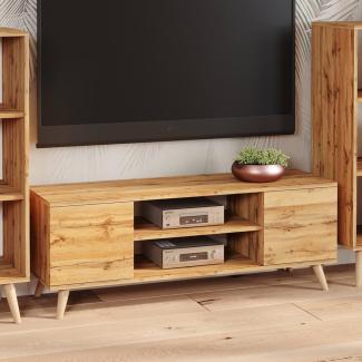 Dmora TV-Schrank mit 2 Türen und 1 Mittelregal, Sideboard mit Füßen, Wohnzimmerbuffet im skandinavischen Stil, cm 155x40h50, Ahornfarbe