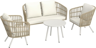 Outsunny Sitzgruppe mit 2er Sofa, Sessel, Tisch, Kissen, für 4 Personen, (wetterfest Lounge-Set, 4-tlg, Gartenmöbel Set aus Polyrattan), für Garten, Balkon, Terrasse, Khaki