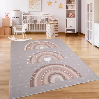 Paco Home Teppich Kinderzimmer Kinderteppich Spielteppich Kurzflor rutschfest Krone Herzen Punkte Sonne Regenbogen Buchstaben, Grösse:200x280 cm, Farbe:Grau-Beige