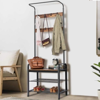 BAKAJI Garderobenständer mit 9 Haken aus Metall mit Schuhbank, 2 Ablagen, Sitzfläche aus MDF, dunklem Holz, modernes Industrie-Design, Größe 73 x 34 x 183 cm