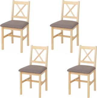 4er-Set Esszimmerstuhl HWC-F77, Lehnstuhl Küchenstuhl Stuhl, Massiv-Holz Stoff Landhaus ~ natur, Polster grau