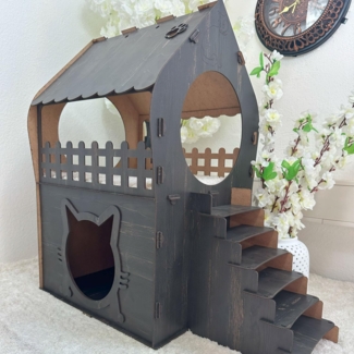 Jungengel Tierhaus Zweistöckiges Katzenhaus aus MDF – Dunkelbraun – in XL, XXL, 3XL, Werkzeugfreier Aufbau, Doppelgeschossig, Balkon, Treppe, Katzenöffnung