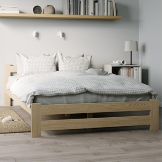 Home Collective Holzbett mit Lattenrost Modern Bett Kiefer Bettgestell Massivholzbett Klassisch (90x200, 120x200, 140x200, 160x200 cm), Doppelbett, Skandi Boho Landhaus Kopfteil mittel 120x200 cm natur