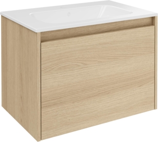FACKELMANN COMPACT LINE Waschbecken mit Unterschrank 71 cm breit, Braun hell, Waschbecken Keramik Weiß, 1 Schublade