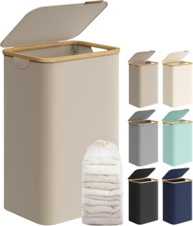 SONGMICS Wäschekorb mit Deckel und herausnehmbarem Wäschesack, zusammenklappbar, Bambus / Oxford-Gewebe kamelbraun, 90 l