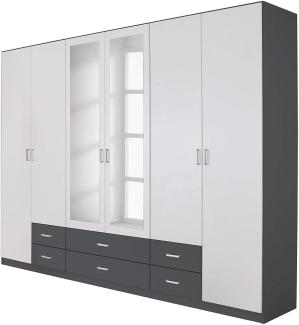 rauch Kleiderschrank, Drehtürenschrank GAMMA, 6-türig, 2 Spiegeltüren teilaufgelegt, 6 Schubkästen, Alpinweiß/Grau metallic, 271 x 210 x 54 cm