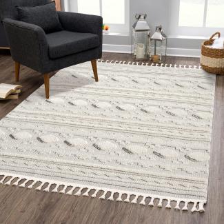 carpet city Teppich Boho Wohnzimmer - Creme - 120x170 cm - Geo-Muster - Relief-Optik, 3D-Effekt - Cut-&Loop, Sisal - Moderne Fransen-Teppiche Schlafzimmer