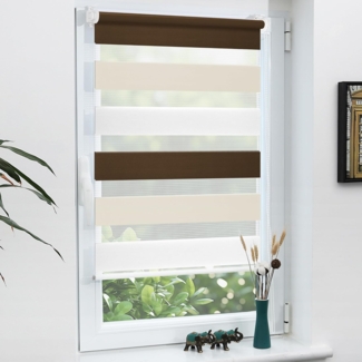 Grandekor Doppelrollo Klemmfix ohne Bohren Weiß-Beige-Braun 70x150 cm(Stoffbreite 66cm) Fenster Rollos für innen Klemmrollos Duo Rollos für Fenster ohne Bohren mit Bohren Privatschutz Zebrarollo