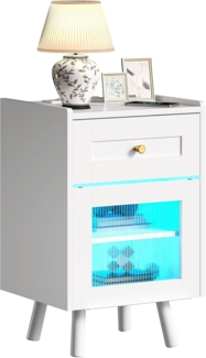 YITAHOME Nachttisch mit 7-Farbiger LED-Lichtleiste, Nachttischschrank mit Schublade und verstellbarem Regal, schwarzer Aufbewahrungs-Beistelltisch für Schlafzimmer, Wohnzimmer, 40 x 35 x 62 cm, Weiß