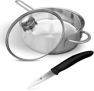 Zwilling TwinNova3 Schmorpfanne Induktion 24 cm mit Deckel + Gemüsemesser 8cm, 3 tlg, Saute-Pfanne Unbeschichtet, HOHER RAND, Spülmaschinenfest, FÜR ALLE HERDARTEN, Silber