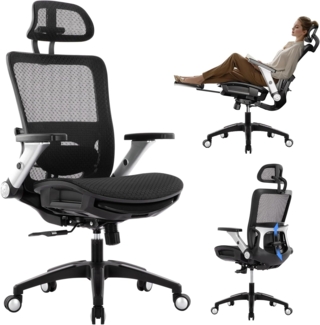 COLAMY Ergonomischer Bürostuhl aus Netzstoff mit Fußstütze-Hochlehner-Schreibtischstuhl mit Kopfstütze, 4D-Hochklapparmlehnen, Einstellbarer Neigungssperre und Lordosenstütze für Komfort, Schwarz