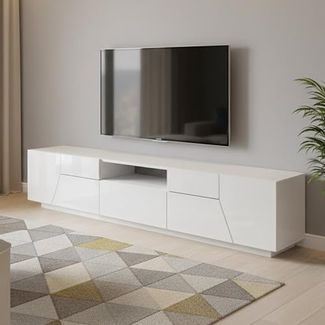 Dmora - TV-Schrank Jacopo, niedriges Wohnzimmer-Sideboard, Fernsehständer-Basis, 100 % Made in Italy, 220 x 43 x 46 cm, glänzendes Weiß,