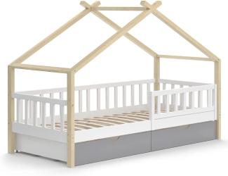 VitaliSpa Kinderbett Hausbett Einzelbett Design Weiß Grau Natur modern 90x200 cm Kinderzimmer Bett Massivholz Lattenrost Schublade Rausfallschutz Schubladenbett