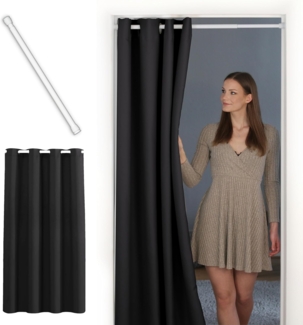 tinycurtains Türvorhang mit Stange weiß 70-120 cm Thermo Vorhang ohne Bohren, blickdicht, Ösen, verdunkelnd, Polyester, blickdicht, Schwarz Eclipse, Türgardine mit Klemmstange verdunkelnd