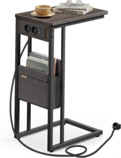 VASAGLE Beistelltisch, Sofatisch mit Ladestation, C Form, Couchtisch klein, Stofftasche, verstellbare Füße, Schlafzimmer, Wohnzimmer, 2 USB-Anschlüsse, 2 AC-Steckdosen, aschbraun LET356K02V1
