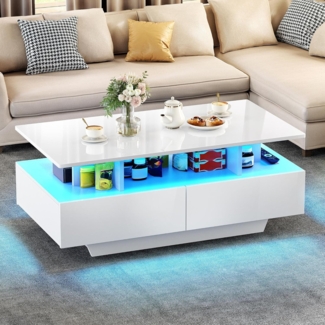 YITAHOME Couchtisch Weiß, Wohnzimmertisch Hochglanz mit 16-Farbiger LED Beleuchtung Modern, Beistelltisch Weiss mit Offenem Ausstellungsregal und 4 Ausziehbaren Schubladen 90 x 55 x 41,1 cm ﻿