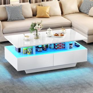 YITAHOME Couchtisch Weiß, Wohnzimmertisch Hochglanz mit 16-Farbiger LED Beleuchtung Modern, Beistelltisch Weiss mit Offenem Ausstellungsregal und 4 Ausziehbaren Schubladen 90x55x41,1 cm ﻿