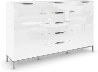 Rauch Möbel Flipp, Kommode mit Stauraum für Wohnzimmer, Schlafzimmer, Flur, 4 Fachböden, mit Metallkufe chrom, Alpinweiß/Glasfront Weiß, 2-türig, Glastüren, 5 Schubkästen, Griffe chrom, 180 x 111 x 42 cm