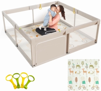 Mloong Laufstall Baby, Laufgitter Baby mit Spielmatte, 150 x 150 x 68 cm Laufstall xxl, Laufgitter mit Atmungsaktivem Netz an Vier Seiten und Saugnäpfen