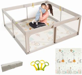 Mloong Laufstall Baby, Laufgitter Baby mit Spielmatte, 150 x 150 x 68 cm Laufstall xxl, Laufgitter mit Atmungsaktivem Netz an Vier Seiten und Saugnäpfen