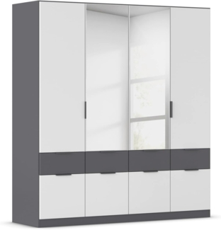 Rauch Möbel Dundee, Kleiderschrank, Schrank, Garderobe, Organizer, 4-türig, Spiegel, 8 Schubladen für mehr Stauraum, Farbe Weiß/Grau metallic, Schwarz, Kurze Griffleiste Grau metallic, 181 x 197 x 54 cm