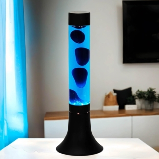 Licht-Erlebnisse Lavalampe YVONNE, Warmweiß, Tischlampe Blau mit Kabelschalter stylisch 38 cm Retro Design