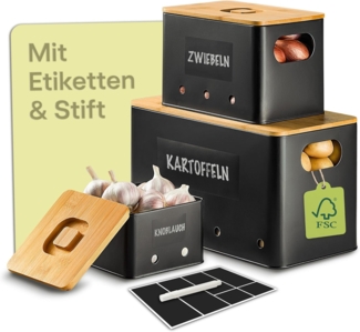 Praknu Vorratsdose Kartoffel Aufbewahrungsbox 3er Set - Mit Belüftung für längere Frische, Eisen, FSC® Bambus, (Aufbewahrungsbox-Set, 7-tlg, 3 Boxen inkl. Zubehör), Stapelbar, Nachhaltig, Mit FSC® Bambusdeckel, Mit Etiketten & Stift