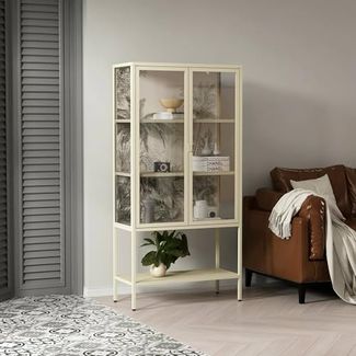 Dmora Vetrina Avocado, Credenza espositiva, Vetrinetta multiuso, Madia da soggiorno, 80x35 h160 cm, Panna