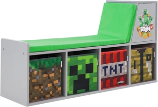 MINECRAFT - Sitzbank, Leseregal, Bank mit Sitzkissen und Stauraum, Kindermöbel mit buntem Design