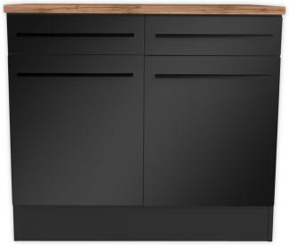 Stella Trading Jazz Moderner Küchenunterschrank in Schwarz matt, Lanzelot Eiche Optik-Geräumiger Unterschrank Küche mit viel Stauraum, Holzwerkstoff, 100 x 90 x 60 cm