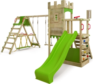 FATMOOSE Spielturm Ritterburg BoldBaron mit Schaukel SurfSwing & apfelgrüner Rutsche, Spielhaus mit Sandkasten, Leiter & Spiel-Zubehör