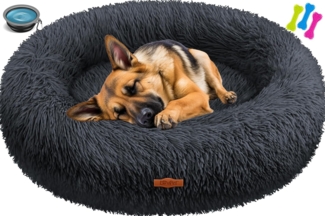 LOVPET® Hundebett Hundekissen Katzenbett Bagel, Waschbar, Inkl. Napf + 3x Kauknochen, Hundesofa flauschig Kissen Rund aus Plüsch für Kleine, Mittelgroße & Große Hunde, Katzen Anthrazit, 3XL (100 x 100 cm)